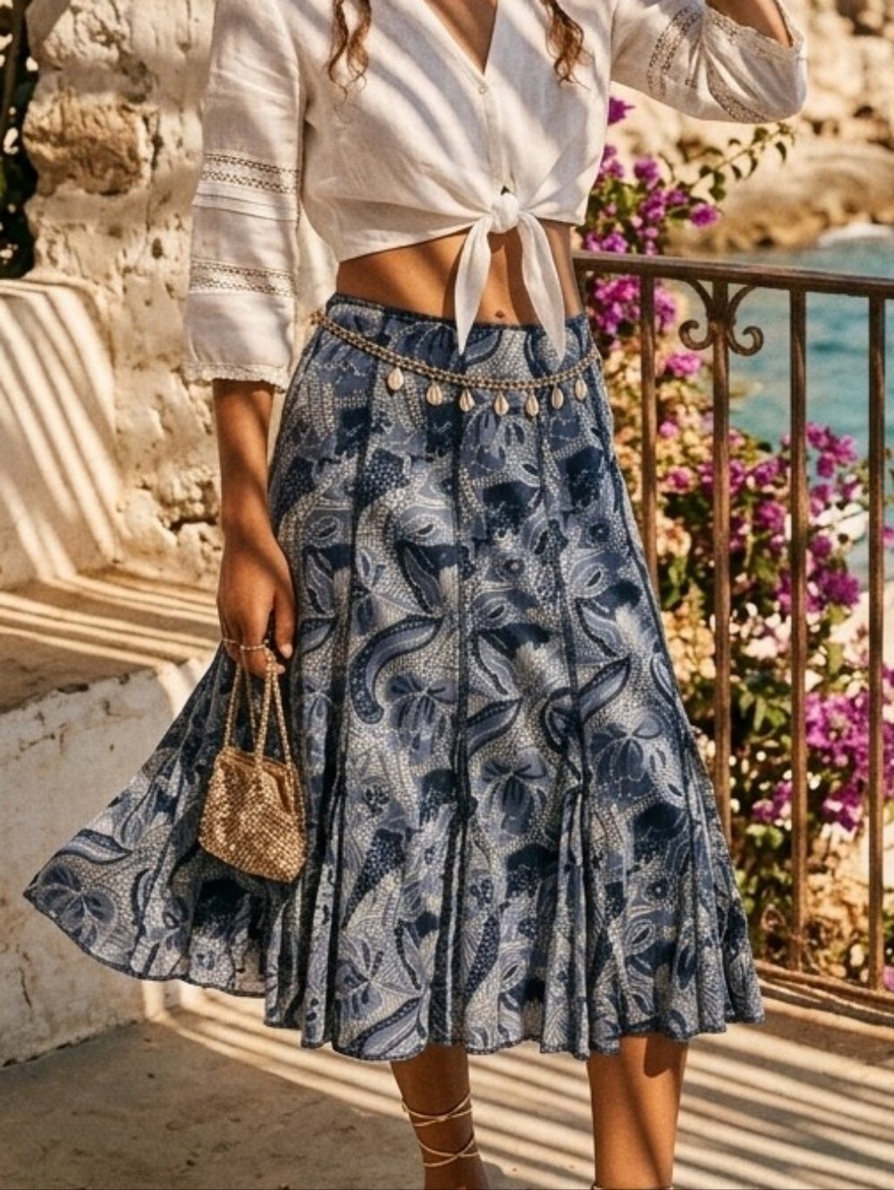 Blue 100% Cotton Paisley Midi Skirt 24" M Y2K Revival